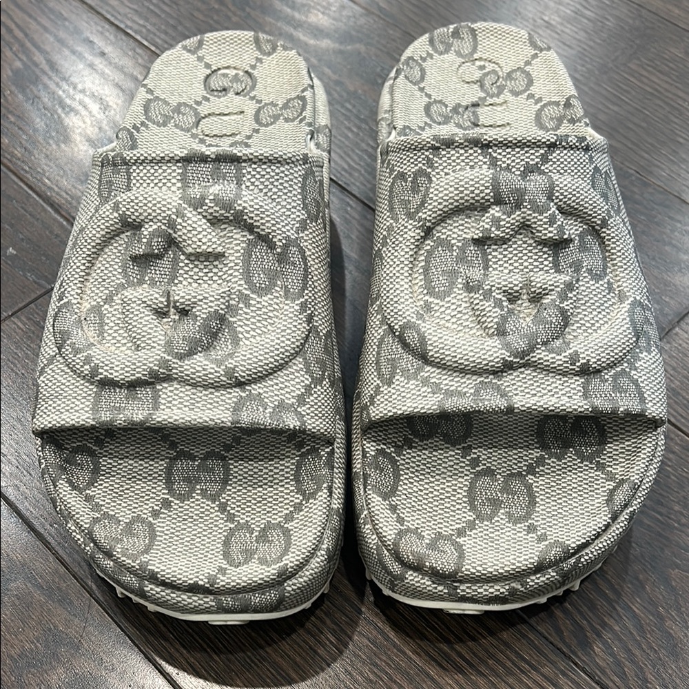 Gray Gucci Slide Sandals with Monogram Pattern